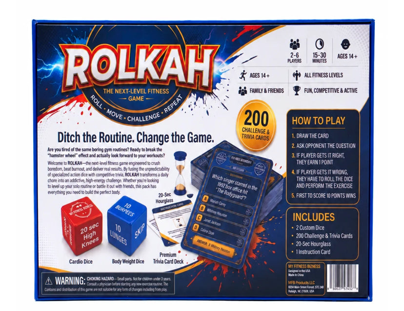 Back of the ROLKAH game box showing game details, contents, and instructions