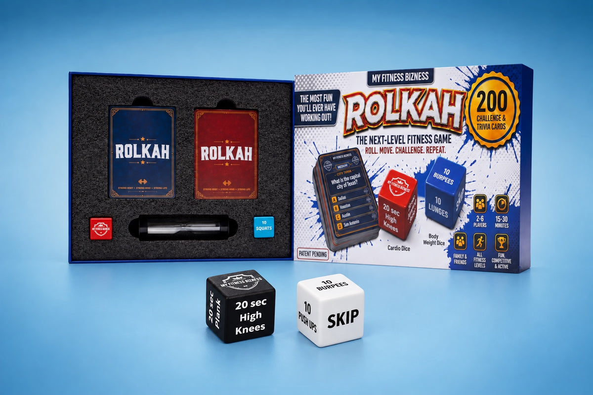 ROLKAH game with extra black and white fitness dice