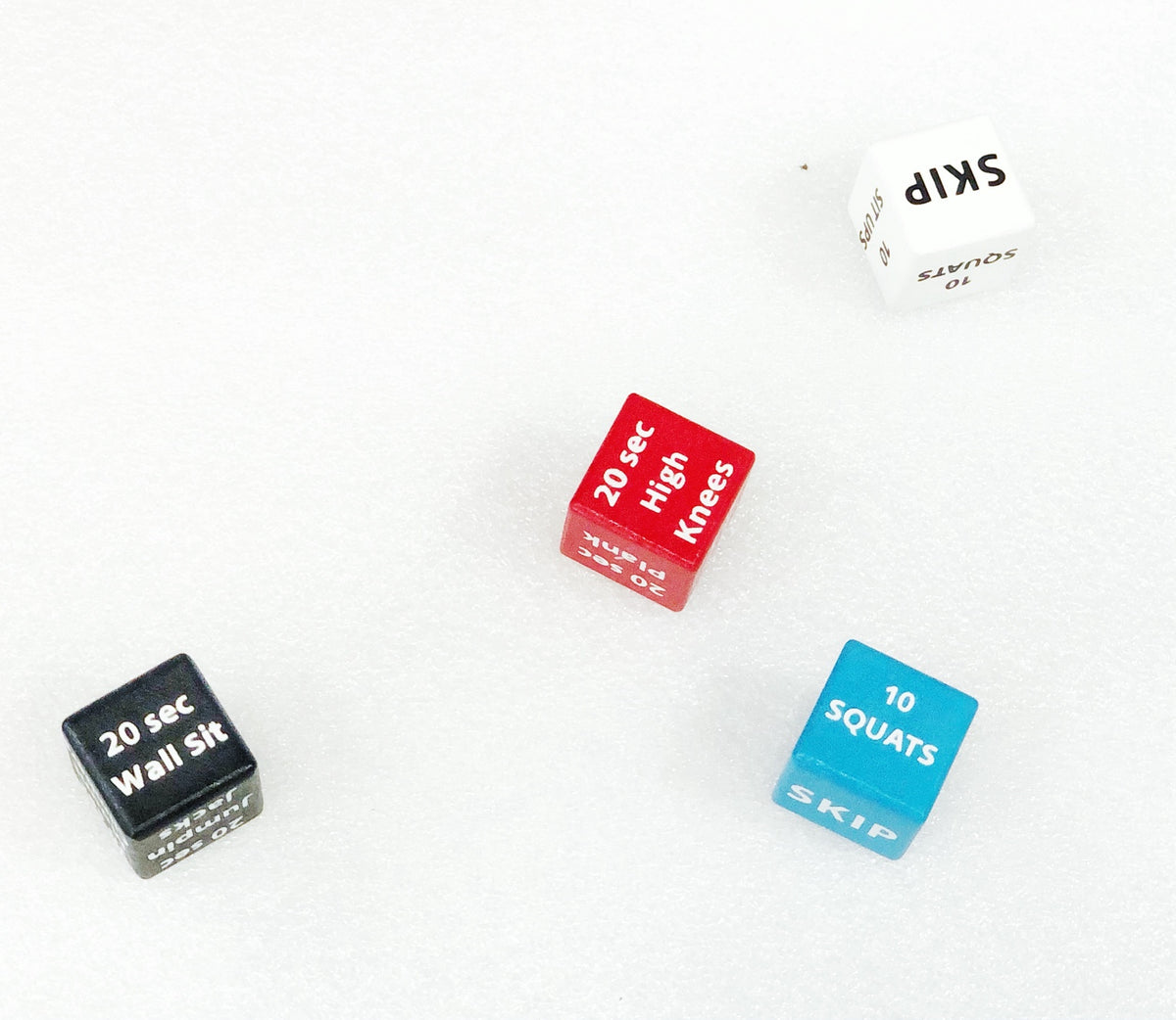 ROLKAH fitness dice in black, white, red, and blue